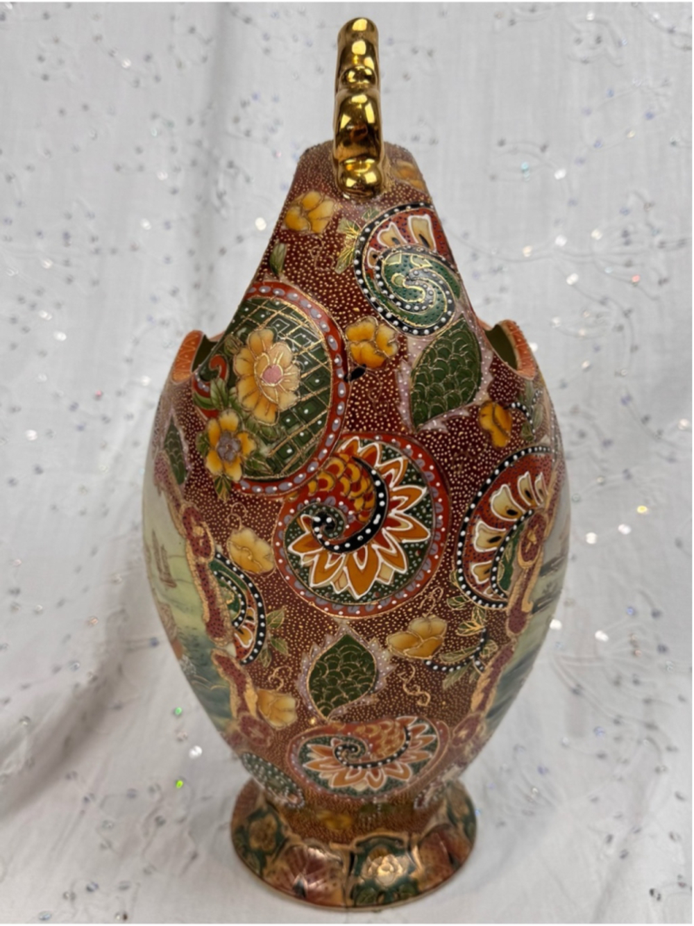 Vintage 1984 Chinese Satsuma Style Moon Flask Basket Vase 15” Gilded Chinoiserie - Picture 6 of 8